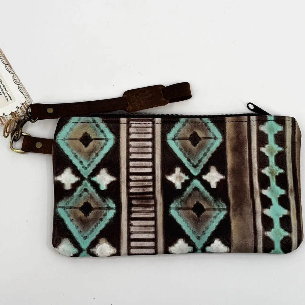Hide Junkie Wristlet Pouch Women OS Brown Aztec Turquoise Leather Made in USA